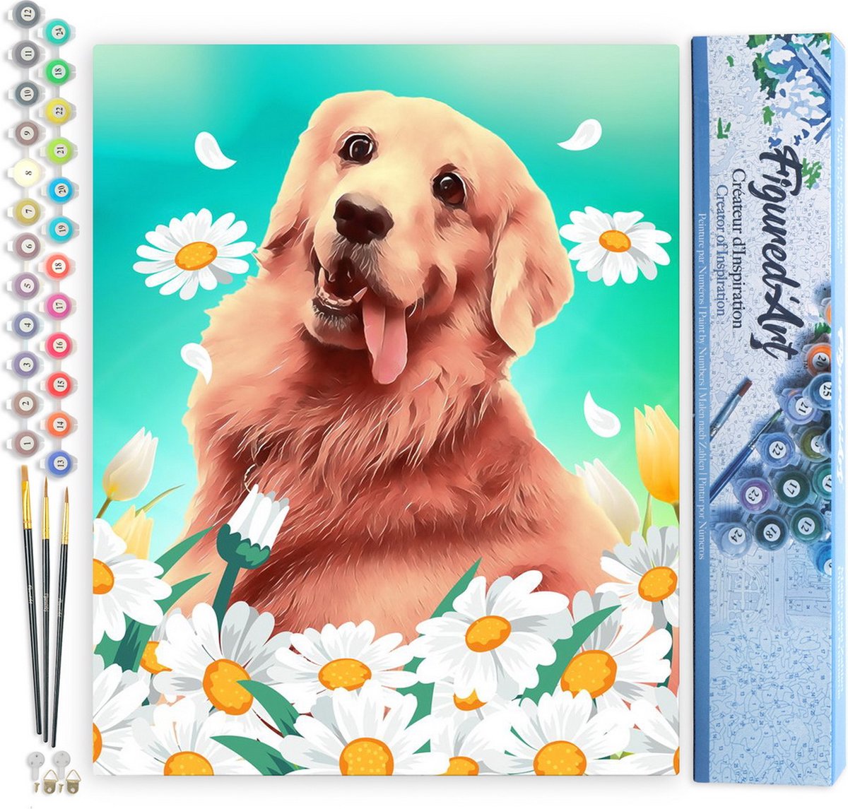 FiguredArt Schilderen op Nummer Volwassenen canvas Golden Retriever spelend in de bloemen - Handwerk acrylverf Kit DIY Compleet - 40x50cm zonder frame